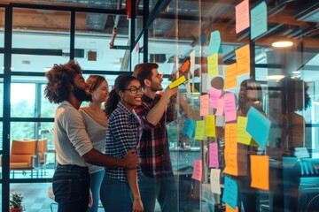 A diverse team of professionals joyfully collaborates using sticky notes on a glass wall in a vibrant, modern office. AIG41