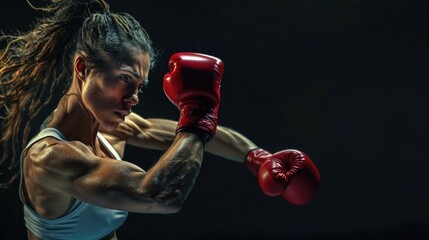 A woman wearing a white tank top and red boxing gloves. Suitable for fitness and sports concepts - obrazy, fototapety, plakaty