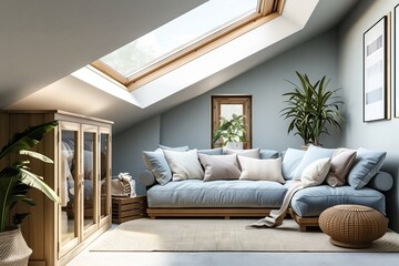 A living room in a house featuring a couch and a skylight in the ceiling. The room has wood...