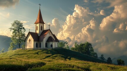 Fototapeta premium Church on a hill with a dramatic cloudy sky, suitable for religious or landscape themes