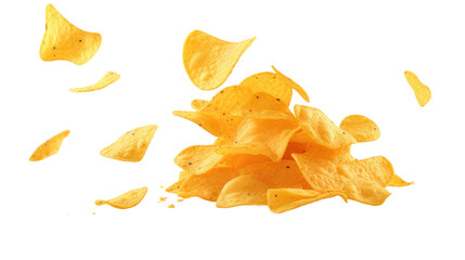 Naklejka premium Flying mexican nachos chips isolated on transparent and white background.PNG image. 