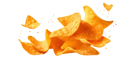 Fotobehang Flying mexican nachos chips  isolated on transparent and white background.PNG image.  © CStock