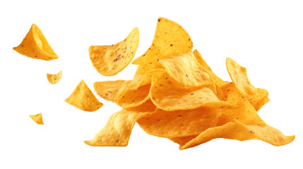 Fototapeta premium Flying mexican nachos chips isolated on transparent and white background.PNG image. 