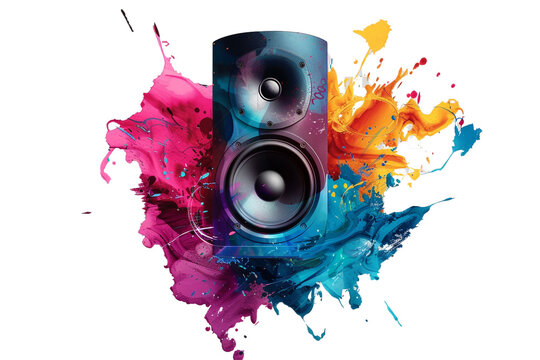 a creative speaker with a paint splatter effect and a graffiti logo isolated on transparent background, png file