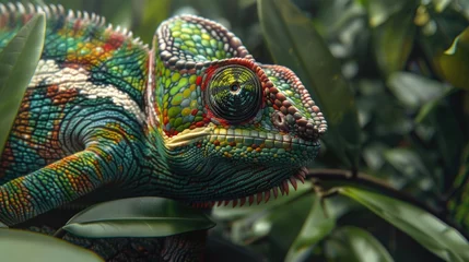 Selbstklebende Fototapeten A vibrant chameleon perched on a tree branch. Ideal for nature and wildlife concepts © Fotograf