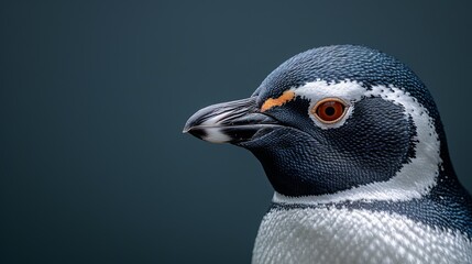  A close-up photo of a penguin's head, showing its distinctive blue, white, and orange beak against a black background - obrazy, fototapety, plakaty