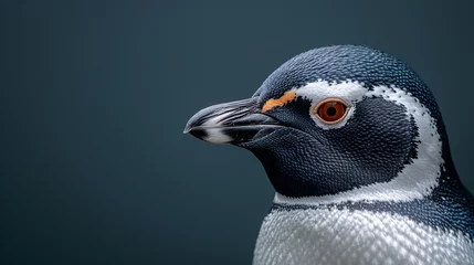 Fotobehang  A close-up photo of a penguin's head, showing its distinctive blue, white, and orange beak against a black background © Mikus