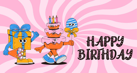 Happy birthday banner in retro groovy style. Vintage walking character cake and gift box. Funky mascot with psychedelic smile. Vector illustration