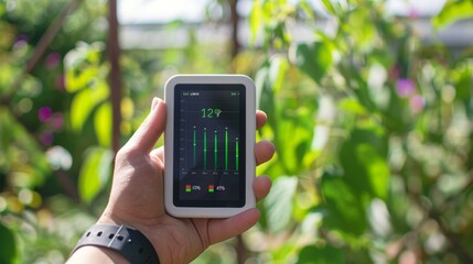 A close - up of a person's hand holding a small, portable device displaying renewable energy consumption data in real time