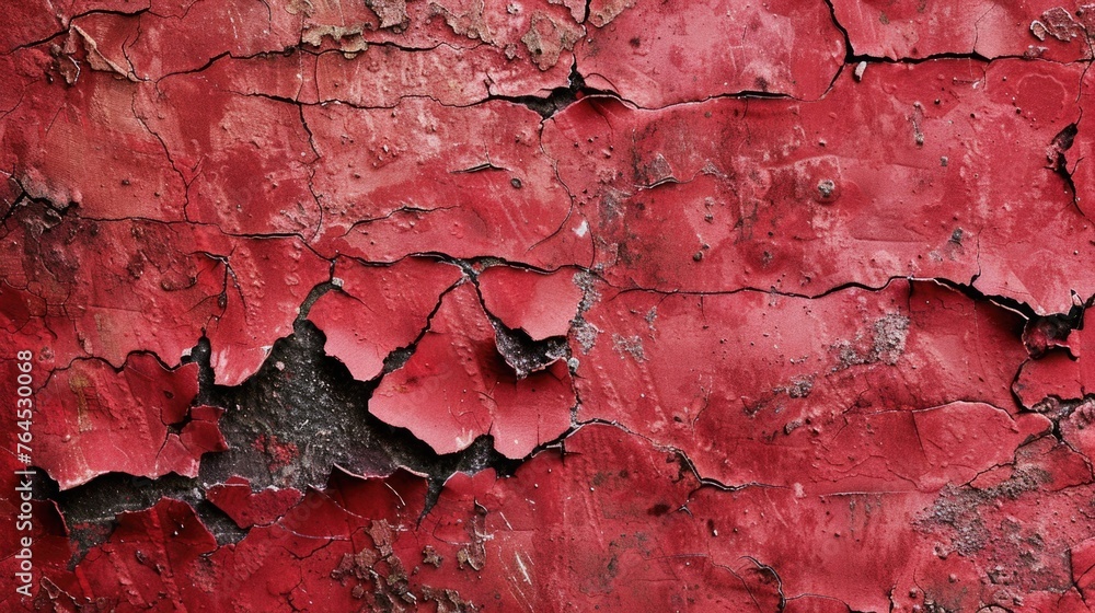 Poster close up of peeling red paint on a wall. ideal for texture backgrounds