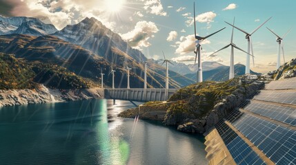 A collage of diverse renewable energy sources such as solar panels, wind turbines, and hydroelectric dams, symbolizing the future - obrazy, fototapety, plakaty