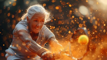 Elderly woman playing tennis expressing joy, concept of golden age, zest for life, and seizing the...
