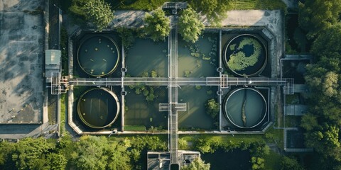 Aerial view of a water treatment plant, suitable for industrial and environmental concepts