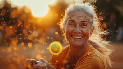 Elderly woman playing tennis expressing joy, concept of golden age, zest for life, and seizing the moment - obrazy, fototapety, plakaty