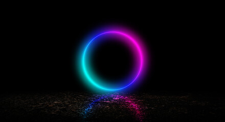 紫とシアンに光るネオンの円と雨に濡れた地面の反射の背景壁紙　タイトルスペース・SF・都市伝説・考察・陰謀