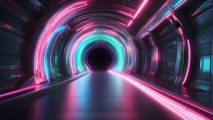 Abstract futuristic background portal tunnel with flare lights and neon pink, blue, and green lights that shine while traveling at a rapid pace. Science-style wallpaper with a data transport notion