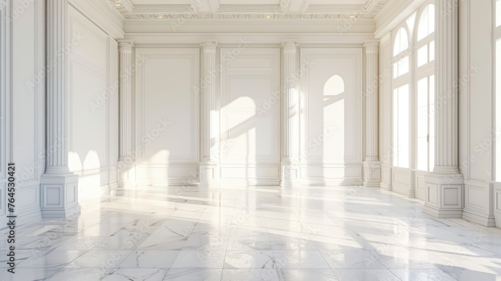 Poster simple empty room with white walls and marble floors. suitable for interior design concepts