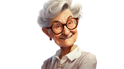 cartoon concept,old granny woman is smiling toothy fillet isolated on transparent and white background.PNG image.