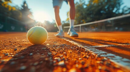 Close-up of Tennis Ball on Clay Court at Sunset - obrazy, fototapety, plakaty