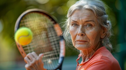 A senior sportswoman intensely focused on the tennis game, senior athlete - obrazy, fototapety, plakaty