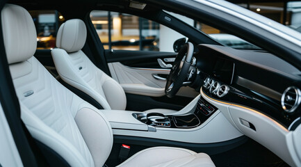 Luxurious white leather back passenger seats in modern stylish luxury car