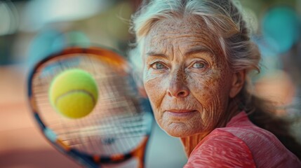 A senior sportswoman intensely focused on the tennis game, senior athlete - obrazy, fototapety, plakaty