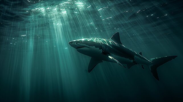  A superb white shark gracefully glides beneath the water in this stunning image