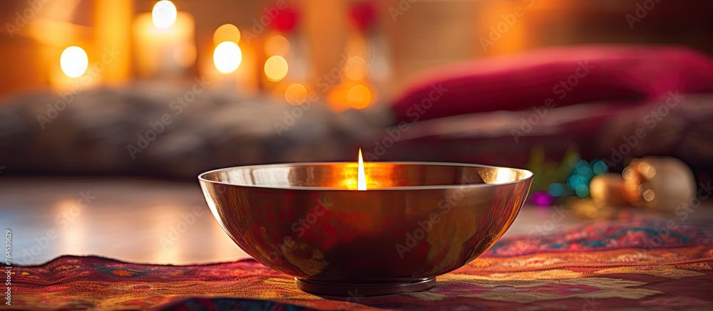 Poster candles are illuminated in a container placed on a surface with a colorful material