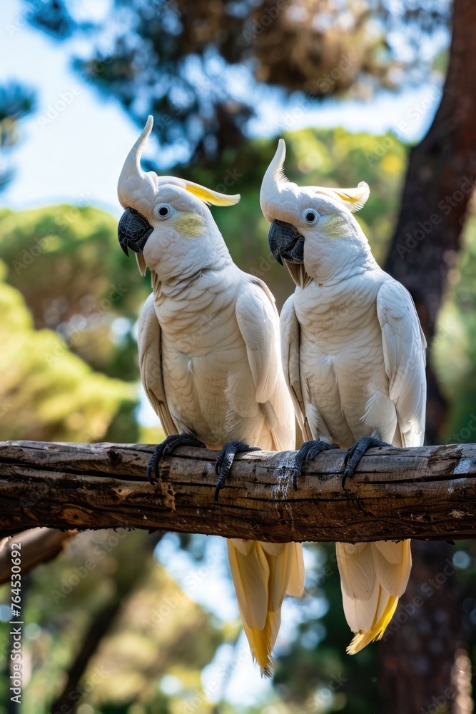 Poster Two white parrots perched on a tree branch. Suitable for nature and bird-related projects