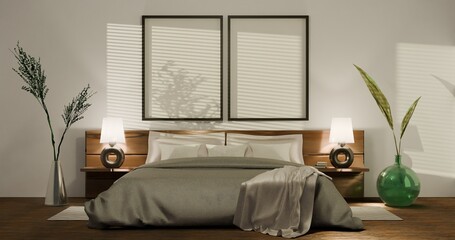 Chic bedroom with two picture frames with shadows.