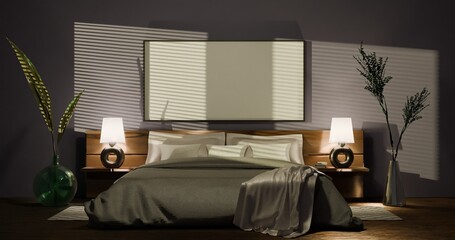 Chic bedroom with a large, wide format display with shadows.