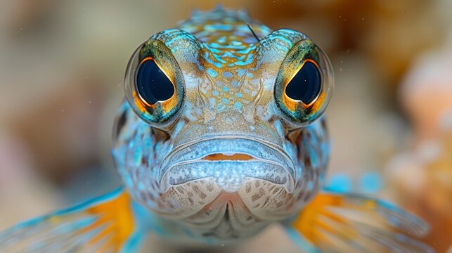  A close-up picture of a fish with blue and yellow stripes on its body and eyes
