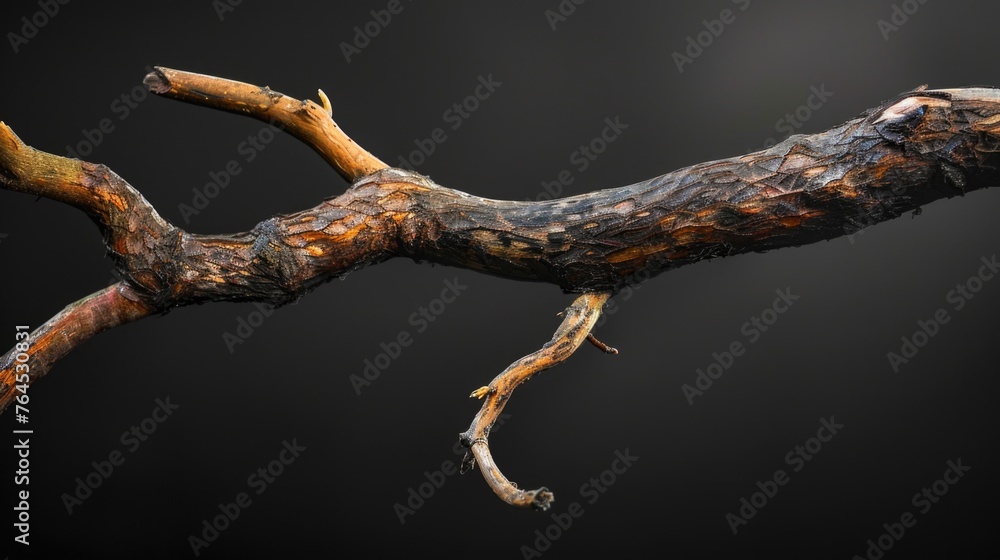 Poster detailed view of a tree branch on a black background. suitable for nature themes