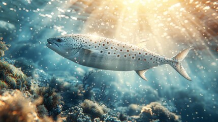Fototapeta premium Fish swimming in sunlit ocean with coral beneath