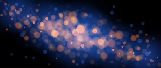 Blurred gold bokeh on blue background. Golden blur effect wallpaper. Abstract shiny glitter, sparks, dust, sparkles. Glowing navy backdrop for Christmas, New Year, birthday card, banner, flyer. Vector © vika_k