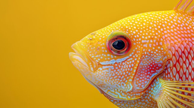  Close-up photo of a fish's face, yellow background, black spot in fish's eye