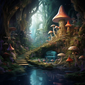 Fairy place with Magical colorful cave with water underground lake framed with stalagmites and stalactites. A place from fairy tales. Mirror reflection in the water
