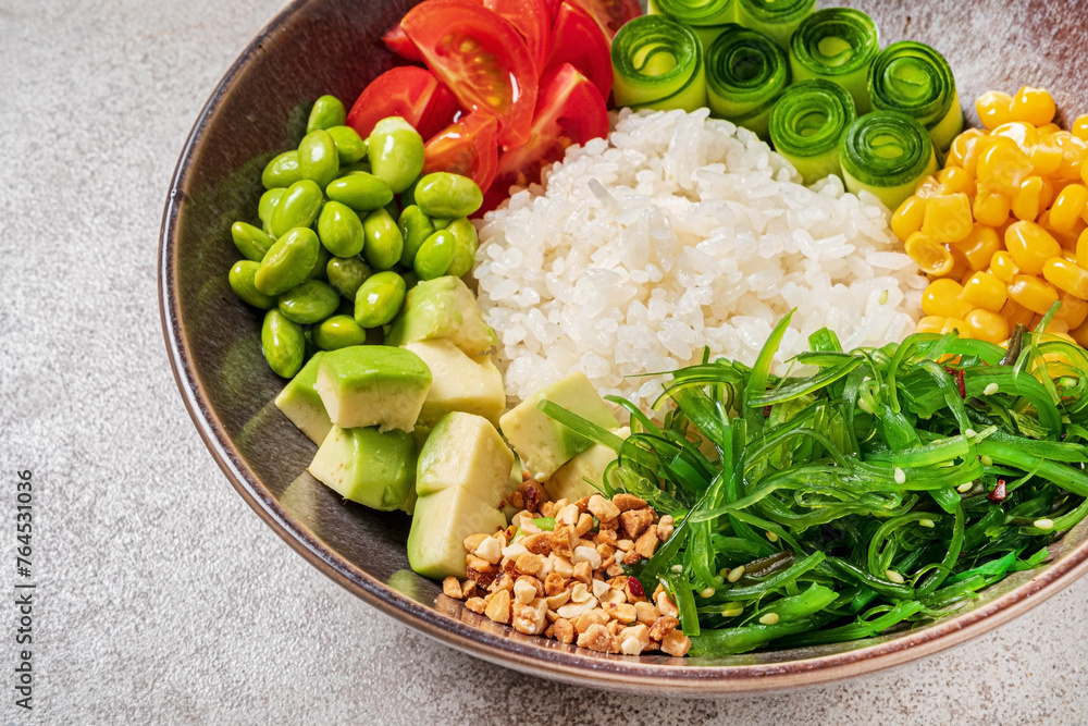 Sticker buddha bowl with rice and sauce