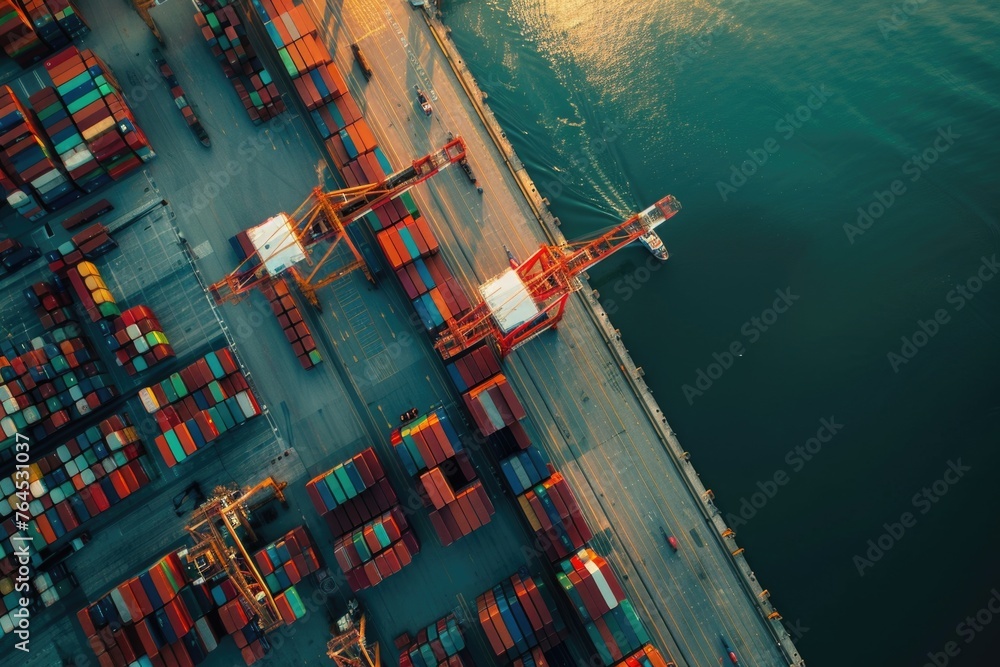 Leinwandbilder aerial view of a container ship docked at a busy port. ideal for transportation and logistics concep