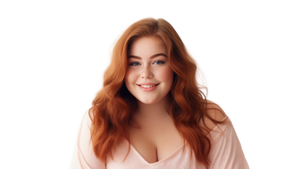 Beautiful, chubby teen girl, 18 years old, smiling, looking at the camera isolated on transparent and white background.PNG image.	
