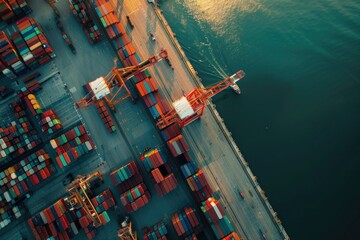 Aerial view of a container ship docked at a busy port. Ideal for transportation and logistics concepts - obrazy, fototapety, plakaty