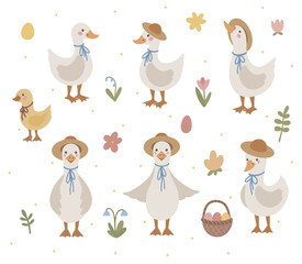 Cute hand drawn geese collection, vintage style, cottagecore farm aestethic