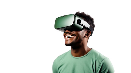 Metaverse technology concept,teen male uses modern technologies ,Cheerful stylish female in vr headset isolated on transparent and white background.PNG image.