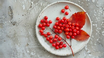 A plate of ripe rowan berries arranged in the shape of a leaf on a ceramic plate. The scene evokes - obrazy, fototapety, plakaty