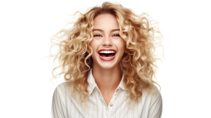 A young attractive caucasian smiling blonde woman isolated on transparent and white background.PNG image.