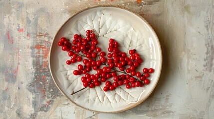 A plate of ripe rowan berries arranged in the shape of a leaf on a ceramic plate. The scene evokes - obrazy, fototapety, plakaty
