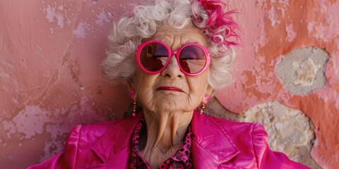 A fashionable older woman in pink accessories. Perfect for lifestyle or fashion content - obrazy, fototapety, plakaty