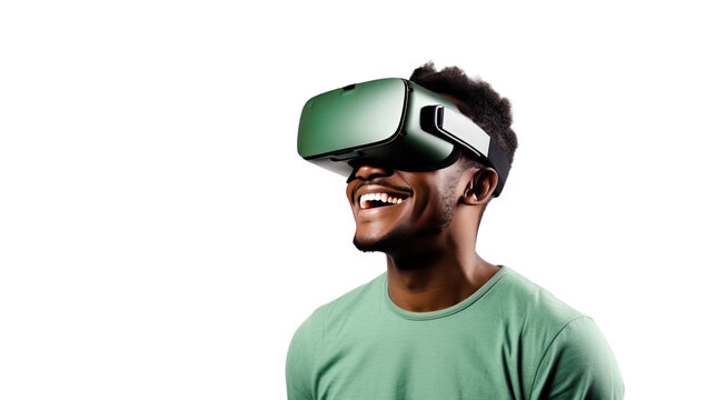 Metaverse technology concept,teen male uses modern technologies ,Cheerful stylish female in vr headset isolated on transparent and white background.PNG image.