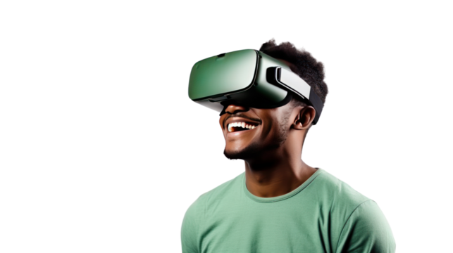 Metaverse technology concept,teen male uses modern technologies ,Cheerful stylish female in vr headset isolated on transparent and white background.PNG image. - Powered by Adobe