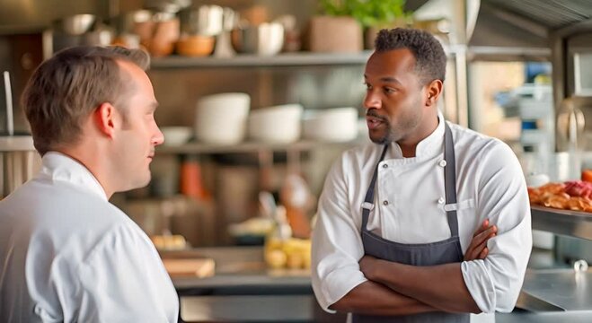 Chef and restaurant owner talking with financial advisor investor